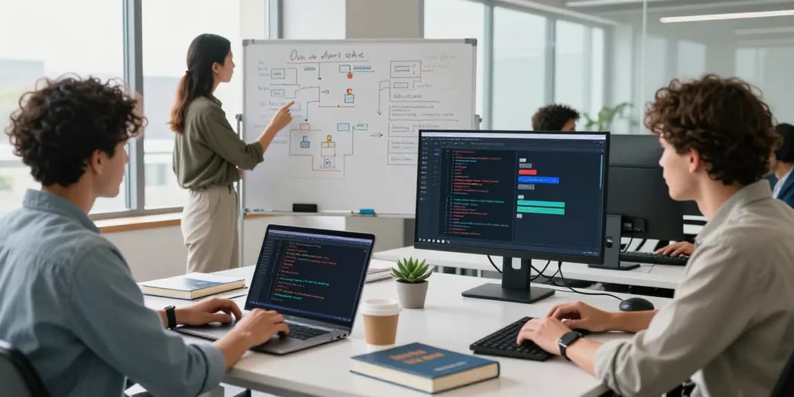 Developers collaborating in a vibrant tech workspace, showcasing AI chatbot interfaces and teamwork.