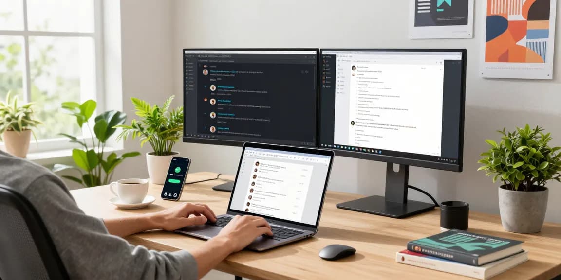 Using WhatsApp電腦版 on a sleek laptop in a vibrant tech workspace.