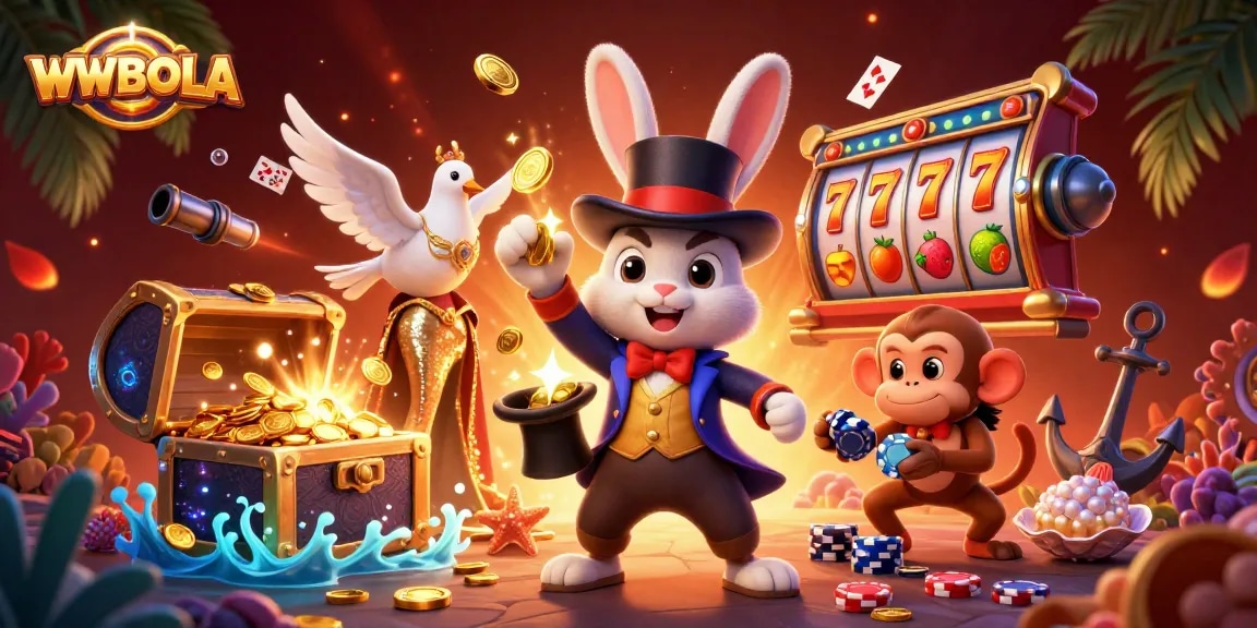 Nikmati keseruan bermain di WWBOLA dengan ilustrasi 3D menampilkan kelinci penyihir dan alat permainan slot penuh warna.
