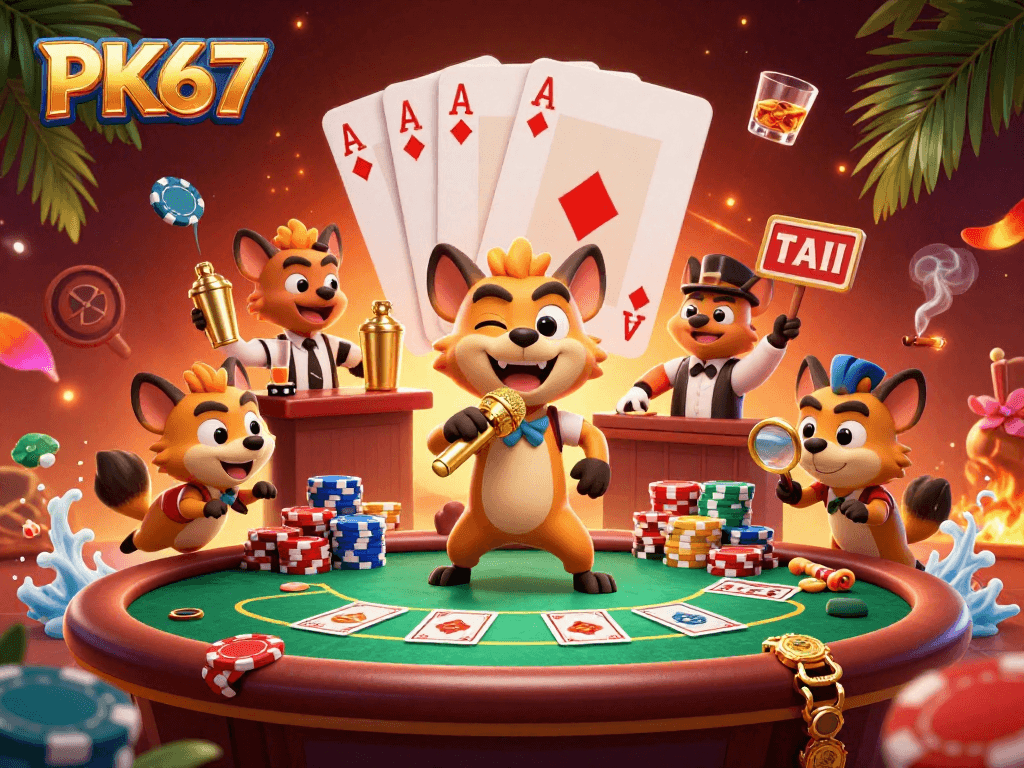 Exciting PK67 gaming scene showcasing hyenas in a casino atmosphere with poker elements.