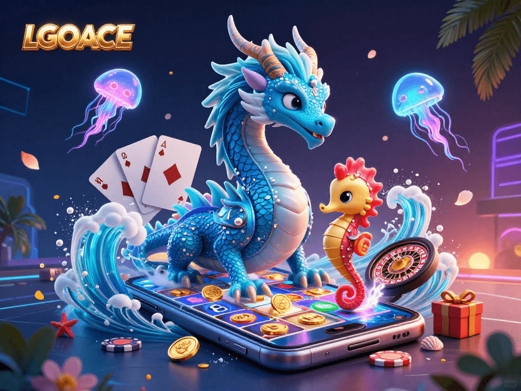 LGOACE showcases vibrant casino action with enchanting 3D dragon and seahorse, captivating players.