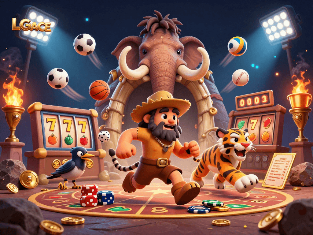 LGOACE showcases a vibrant scene with a caveman and sabertooth tiger at a prehistoric casino.