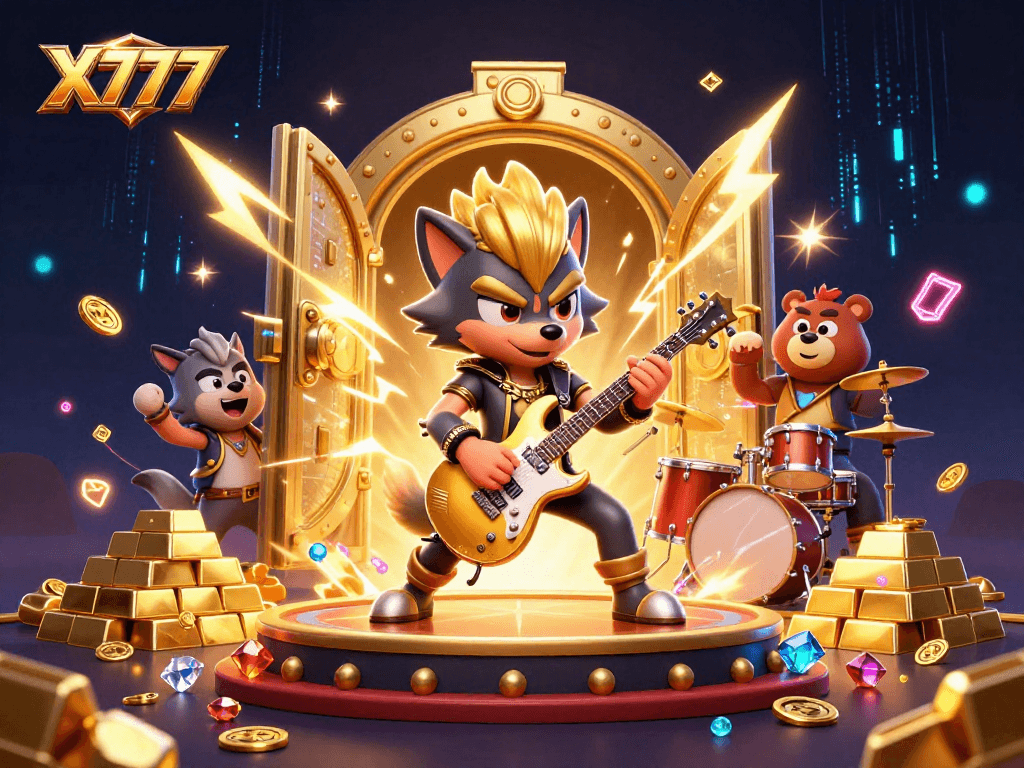 X777 game illustration with a rock star wolf and a drummer bear on a vibrant casino stage.