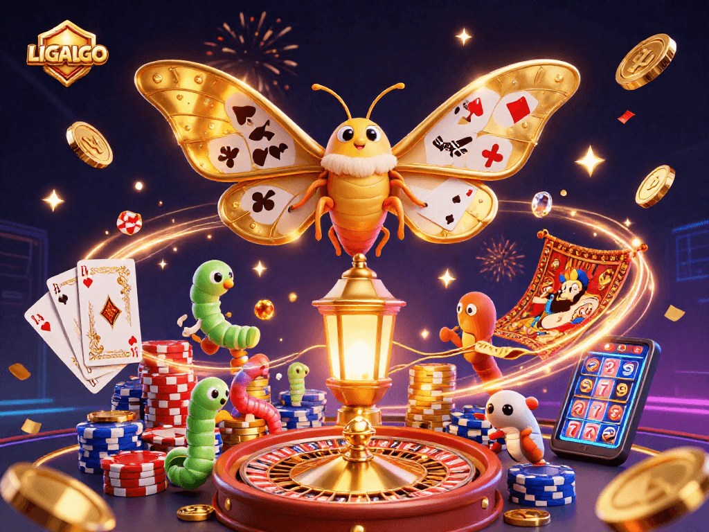 LIGALGO offers a thrilling view of a vibrant casino scene with dynamic 3D elements representing online gaming excitement.
