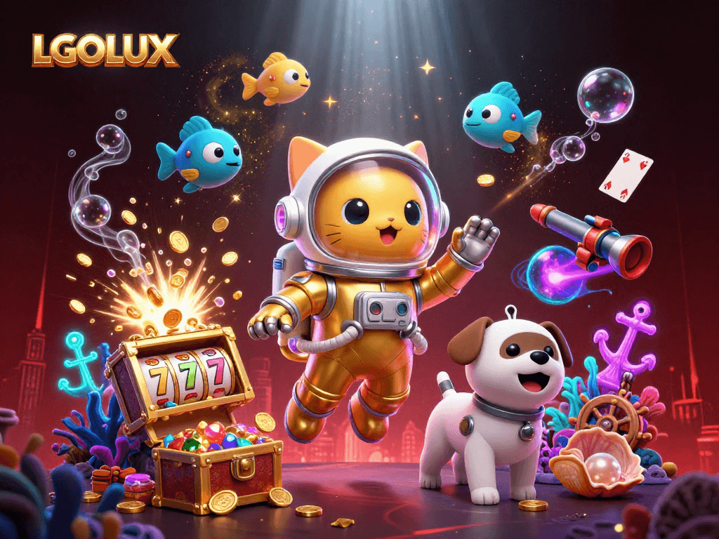 Experience thrilling gaming action with LGOLUX and slot reels amidst a cosmic adventure.