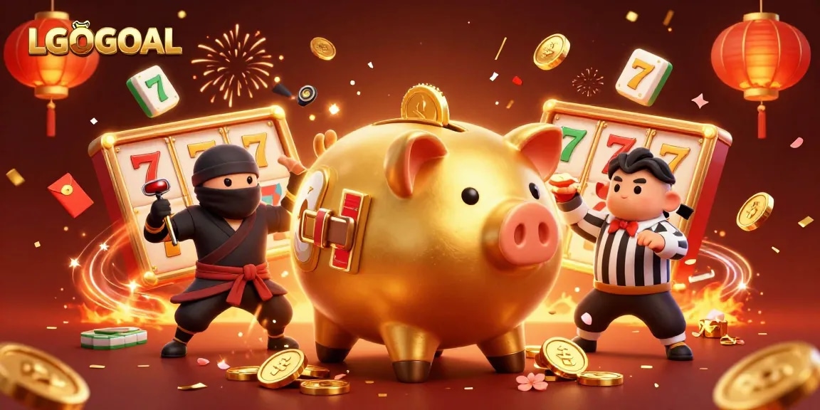 Experience dynamic slot wins with LGOGOAL featuring a golden piggy bank, ninja, and samurai in an extravagant casino scene.