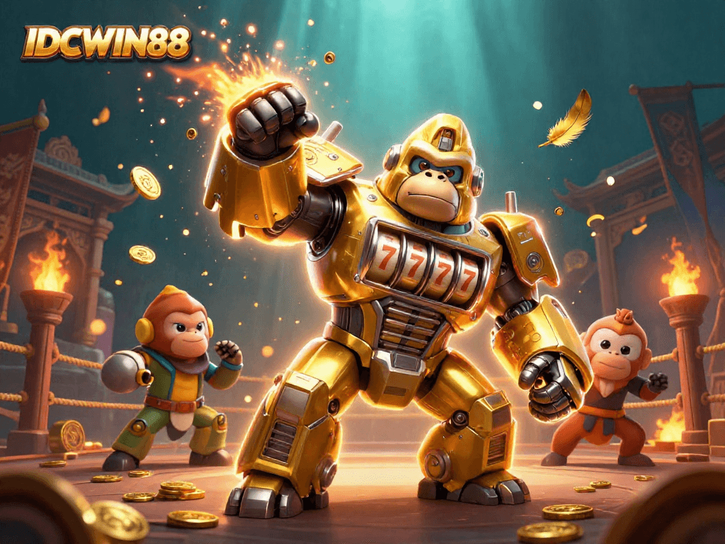 Engage with IDCWIN88's thrilling gaming adventure featuring a golden gorilla mech amidst vibrant casino elements.