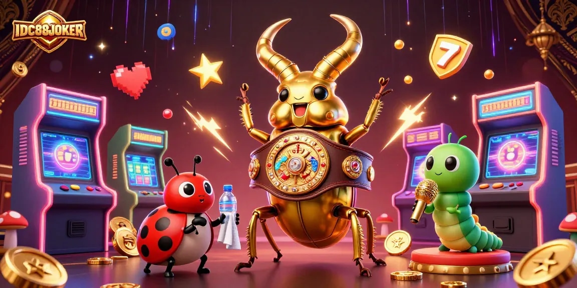 Experience thrilling gameplay with IDC88JOKER, featuring a golden stag beetle champion in this vibrant casino illustration.
