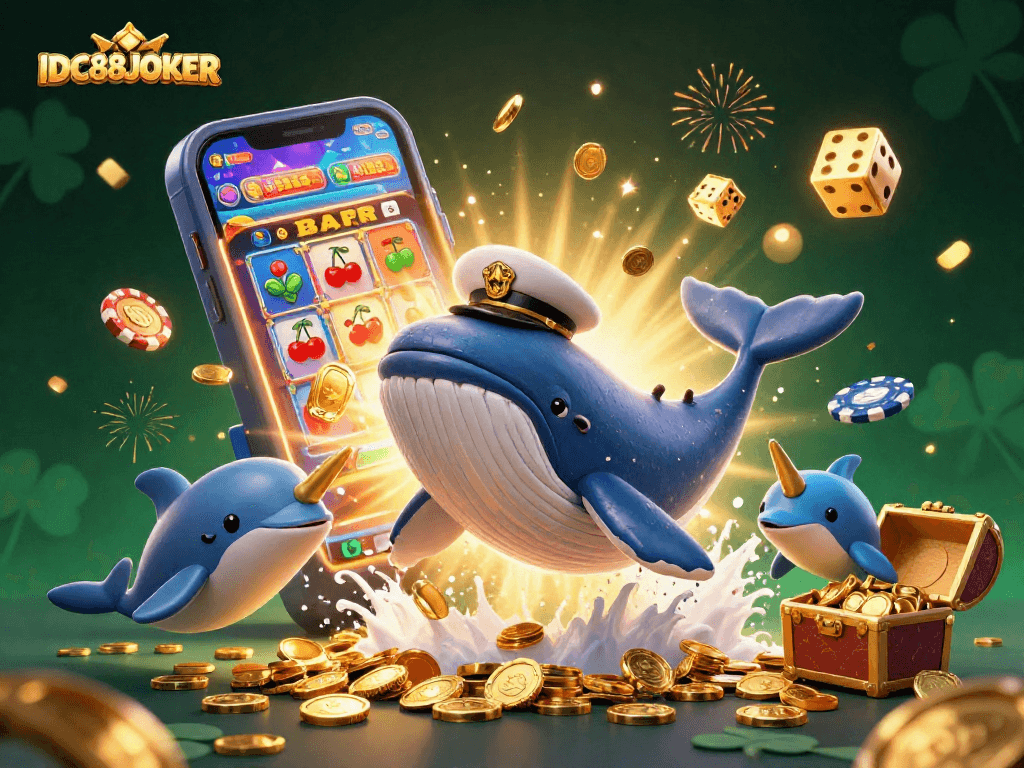 Engage with IDC88JOKER in a vibrant 3D illustration of a captain whale and playful dolphins amidst a thrilling casino experience.