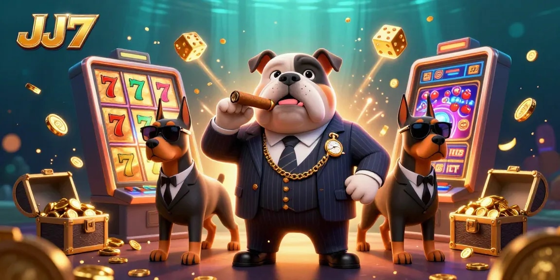 Experience thrilling gameplay at JJ77 with a vibrant casino illustration featuring a mafia bulldog and golden treasures.