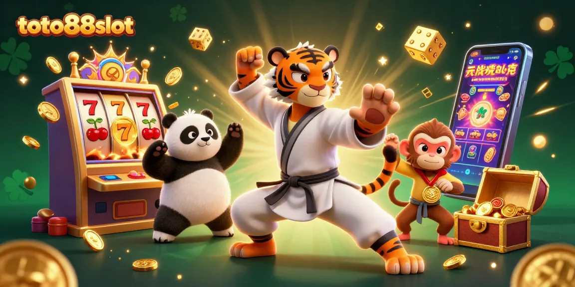 Experience the thrilling excitement of toto88slot with a dynamic casino scene featuring colorful slot machines and cheerful characters.