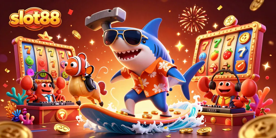 Engage with slot88 as the shark surfs gold coins, symbolizing thrilling wins in online slots.