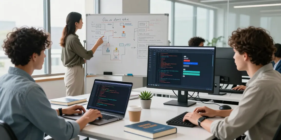Developers collaborating in a vibrant tech workspace, showcasing AI chatbot interfaces and teamwork.