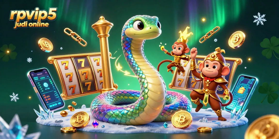 Experience rpvip5 judi online excitement with vibrant 3D illustration of casino elements and characters.