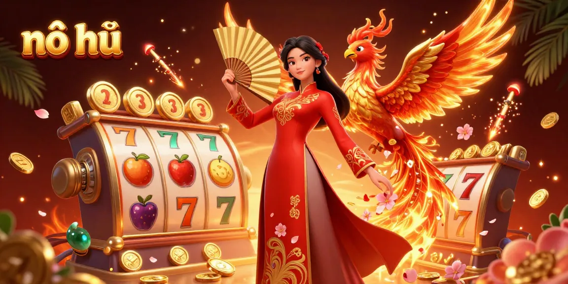 Engage in nổ hũ with vibrant slot reels and a stunning Vietnamese woman celebrating jackpot wins.