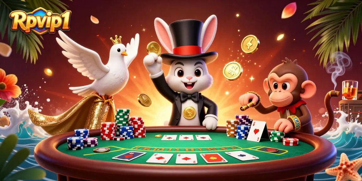 Rasakan keajaiban kasino yang mendebarkan dari Rpvip1 dengan karakter kartun dan elemen poker yang cerah.