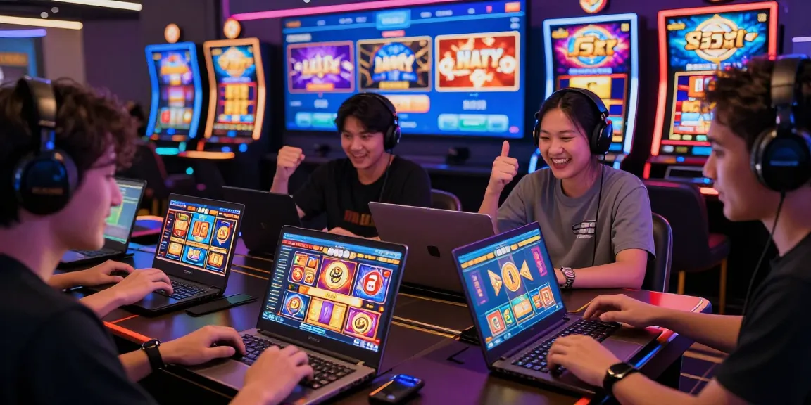 Exciting players enjoying situs slot 5k games in a vibrant digital casino environment.