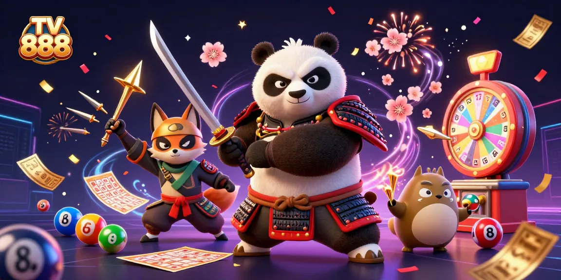 Engage with TV 888 while witnessing a vibrant scene of action, featuring a samurai panda and ninja fox in a dynamic casino environment.