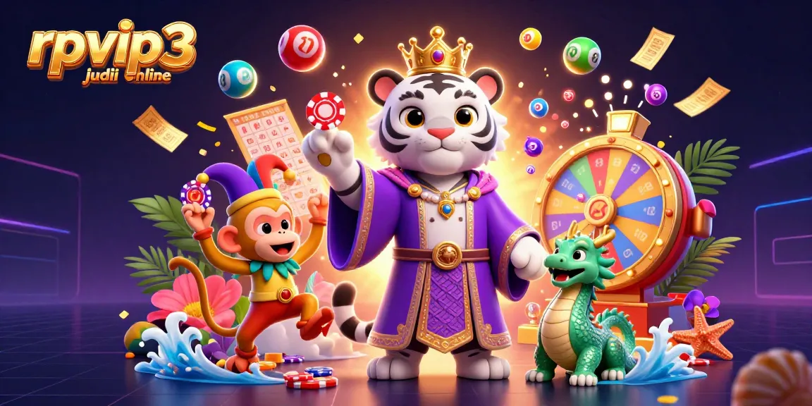 Experience rpvip3 judi online with a vibrant 3D scene featuring a white tiger, monkey, and dragon amidst lively gaming elements.