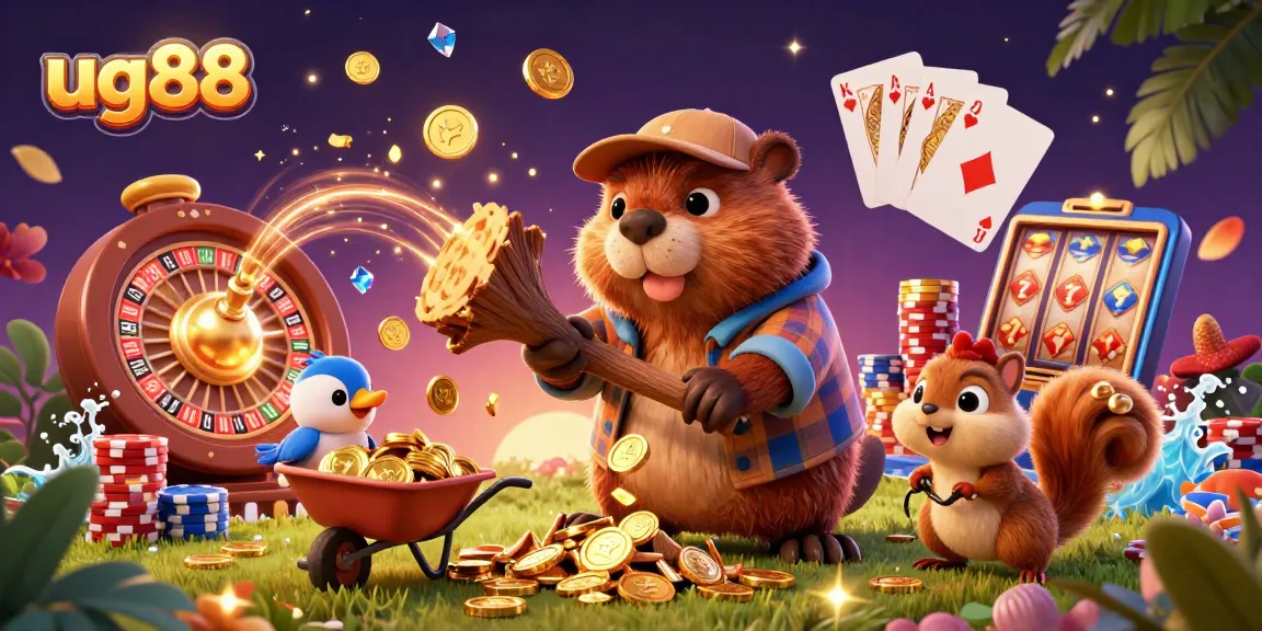 Spin to win with ug88 as a playful beaver collects golden coins in a vibrant casino scene.