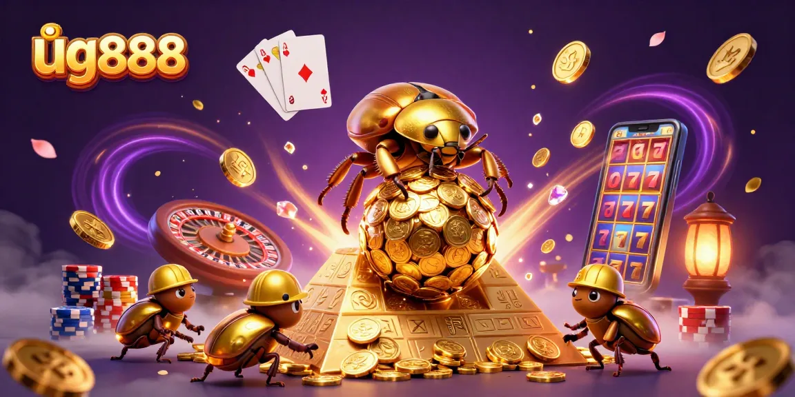 Engage with ug888's vibrant casino scene featuring golden beetles and cascading coins.