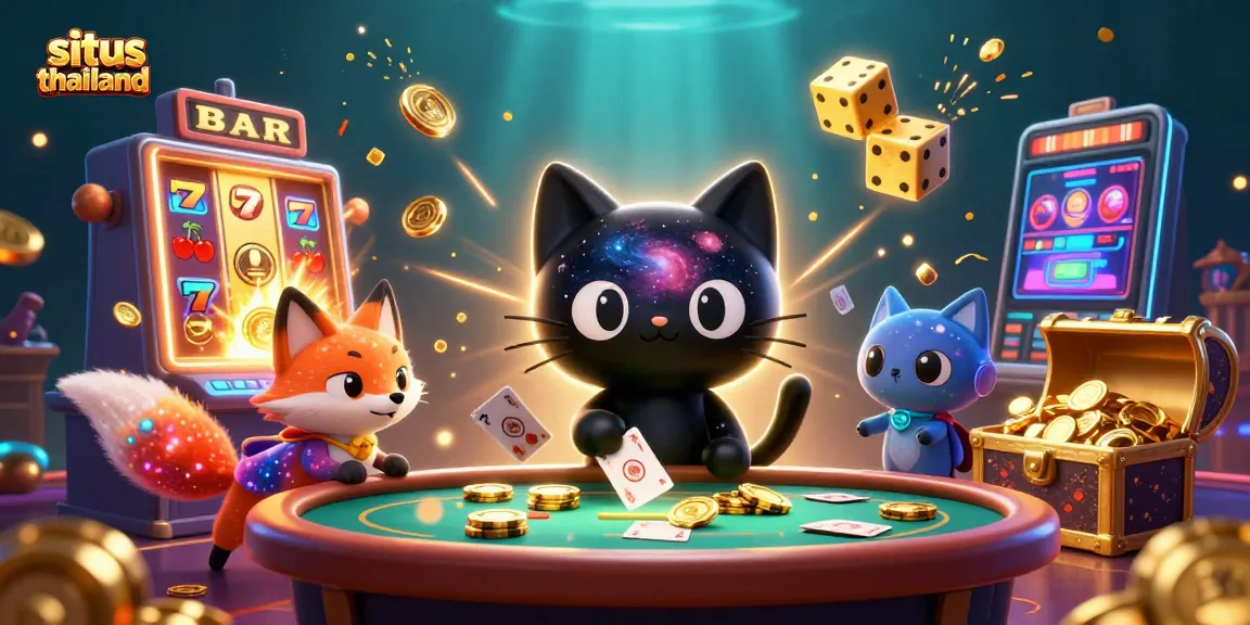 Experience situs thailand with a vivid 3D casino scene featuring vibrant slot machines and energetic characters.