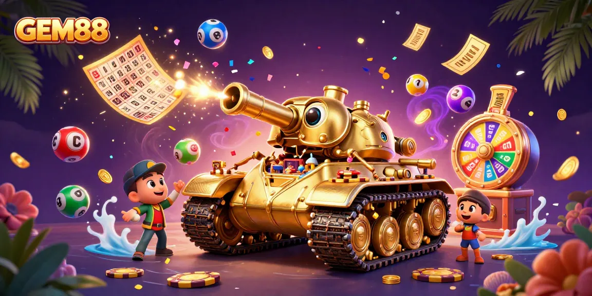 Engage with GEM88's vibrant miniature casino world featuring colorful lottery balls and golden prizes.