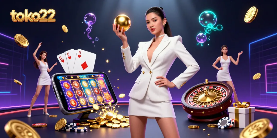 Toko22 takes center stage with a dazzling Asian model holding a roulette ball amidst vibrant casino elements.