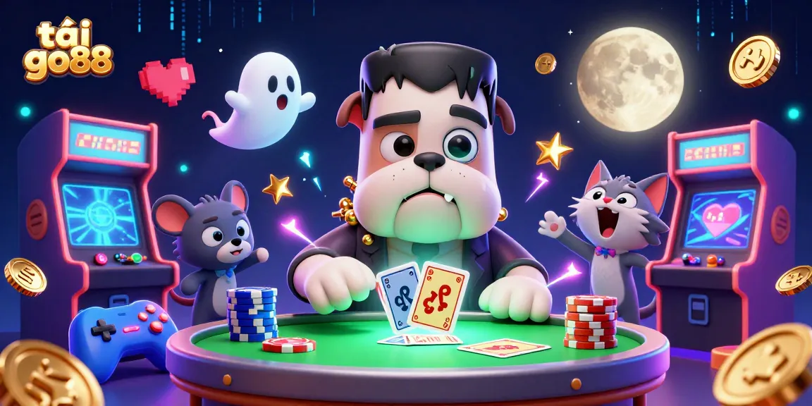 Engage with the exciting world of tải go88 with a 3D cartoon scene featuring a bulldog monster dealing cards and interactive game elements.