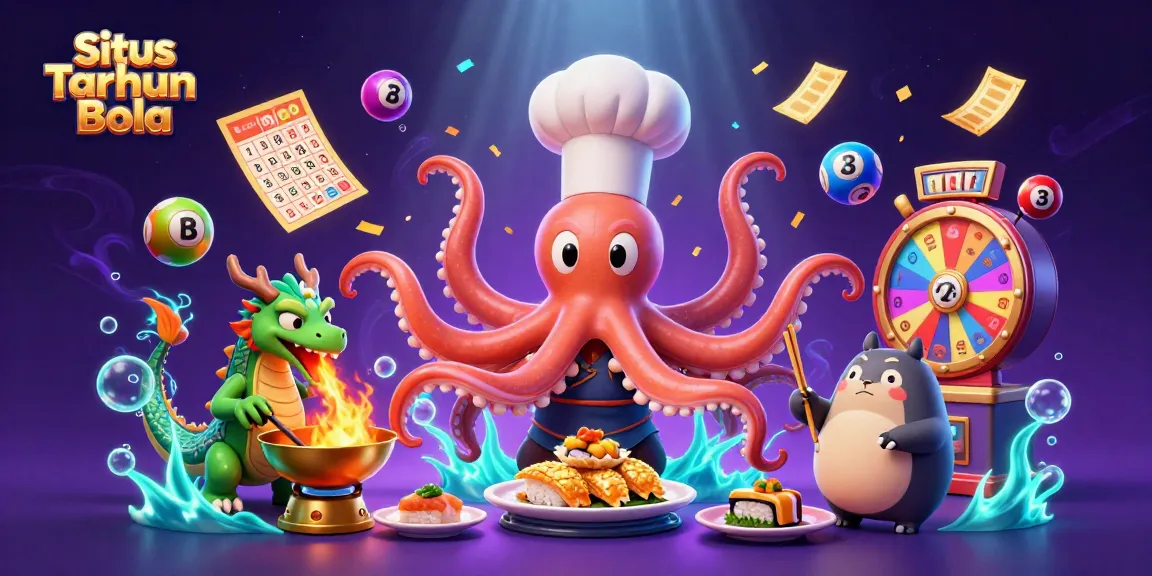 Situs Taruhan Bola features a vibrant scene with a sushi chef octopus and a dragon, surrounded by dynamic gambling elements.