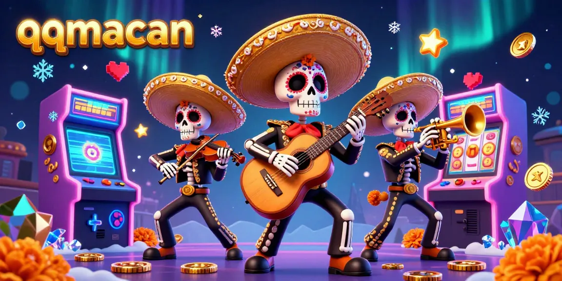 Experience the excitement of qqmacan with a vibrant scene featuring mariachi skeletons and gaming elements.