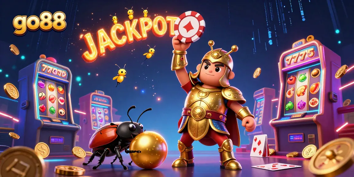 Spin to win at go88 as a victorious beetle lifts a poker chip amidst a vibrant casino scene.