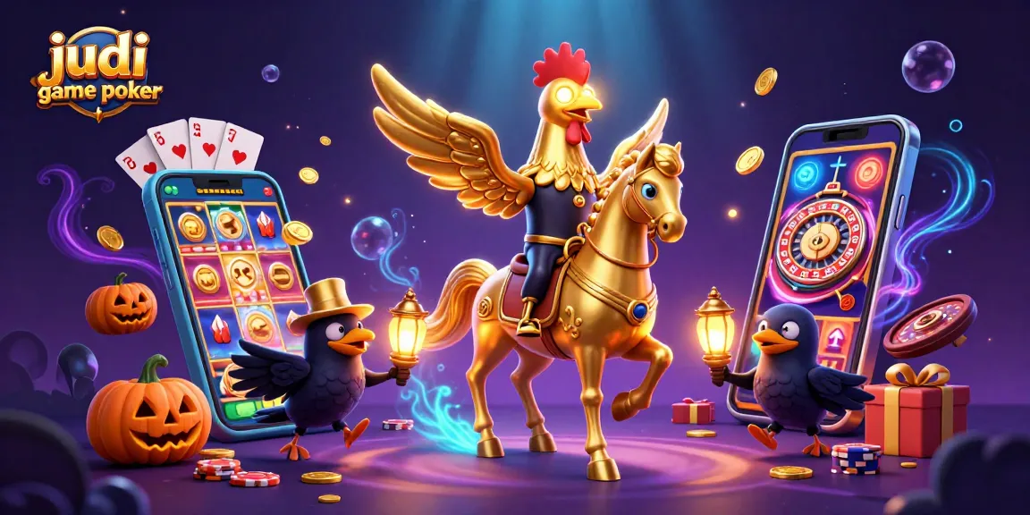 Experience the excitement of judi game poker with vibrant 3D characters and casino elements in this lively illustration.