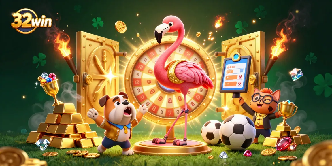 Win big with 32win as a flamingo spins the prize wheel surrounded by gold and gems.