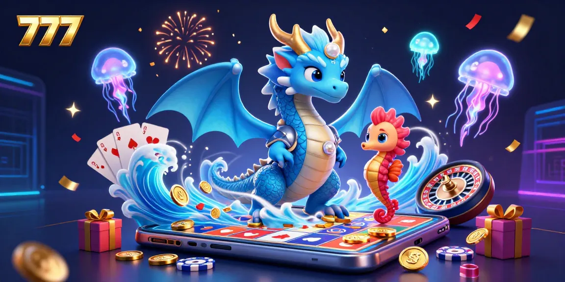 Experience thrilling gameplay with 777; a dynamic scene featuring ocean dragon, jellyfish, and slot games.