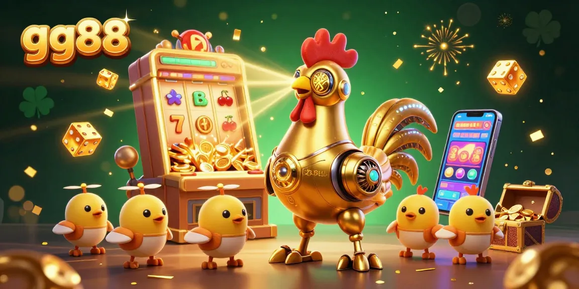 Experience the thrill of gg88 with a vibrant 3D casino scene featuring a golden rooster robot and baby chick drones.