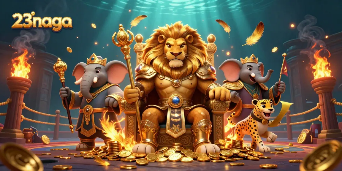 Gambar menarik dari karakter 23naga di arena pertaruhan, menampilkan raja singa, gajah bijak, dan cheetah pengantar.