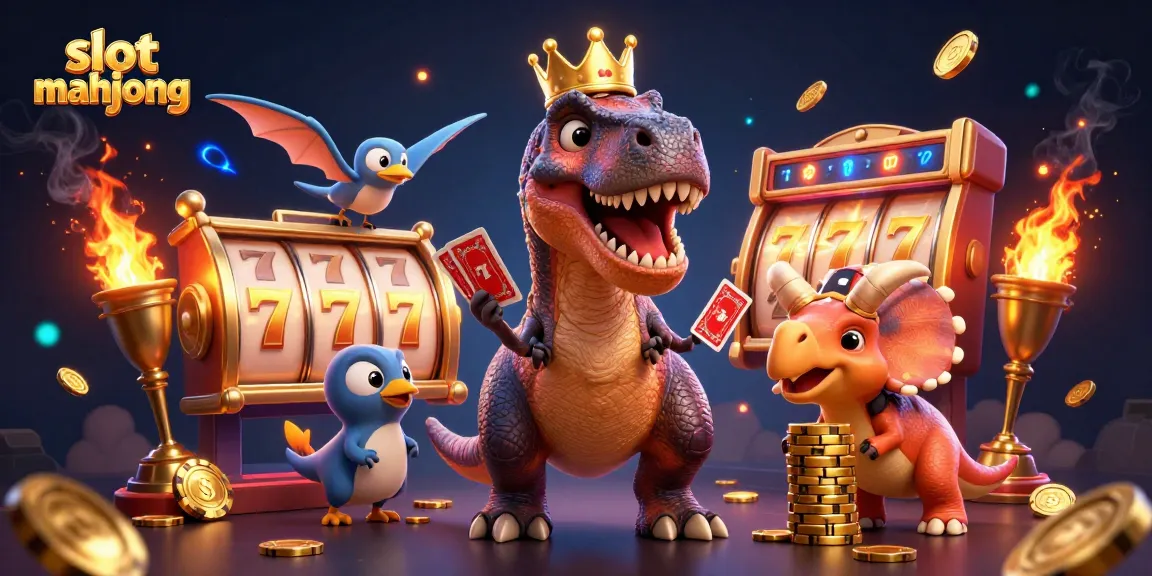 Spin the slot mahjong reels with vibrant dinosaurs in a lively casino setting.