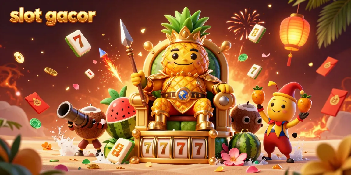 Experience thrilling slot gacor excitement with the whimsical golden pineapple king and playful characters at a beach casino.