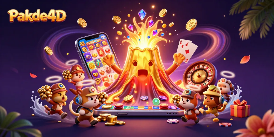 Engage with Pakde4D's dynamic lottery gaming scene featuring coins, colorful games, and vibrant characters.