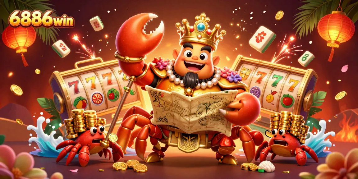 Spin to win big at 6886win with slot reels and golden treasures surrounding the crab emperor.
