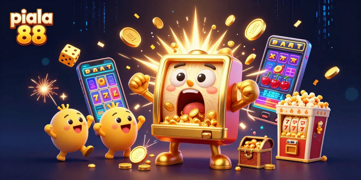 Enjoy the thrilling excitement at piala 88 with this stunning casino scene featuring a joyous slot machine celebrating a jackpot.