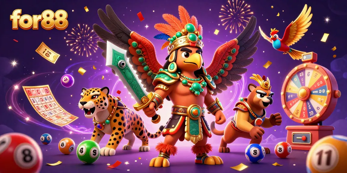 Experience gaming thrills with for88's vibrant 3D casino scene featuring colorful lottery elements.