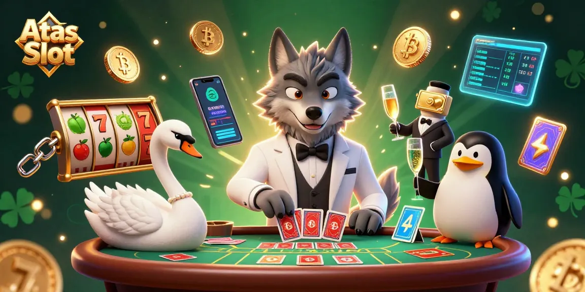 Play Atas Slot in an exciting 3D casino scene with unique characters at a baccarat table and slot elements.
