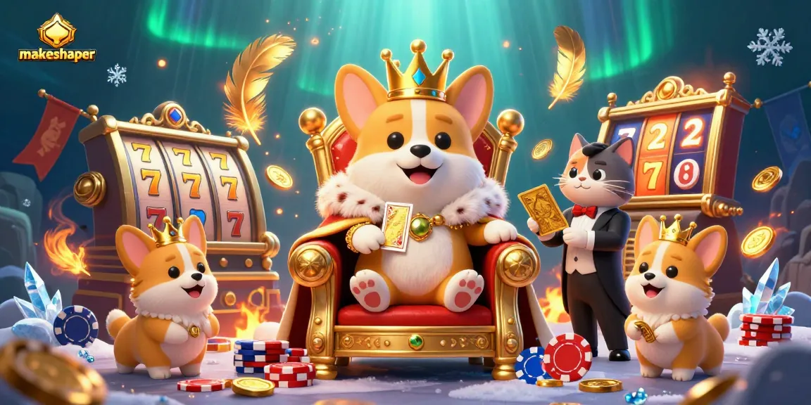 Experience the magical world of makeshaper with 3D corgi royalty enjoying slot games in a vibrant casino.