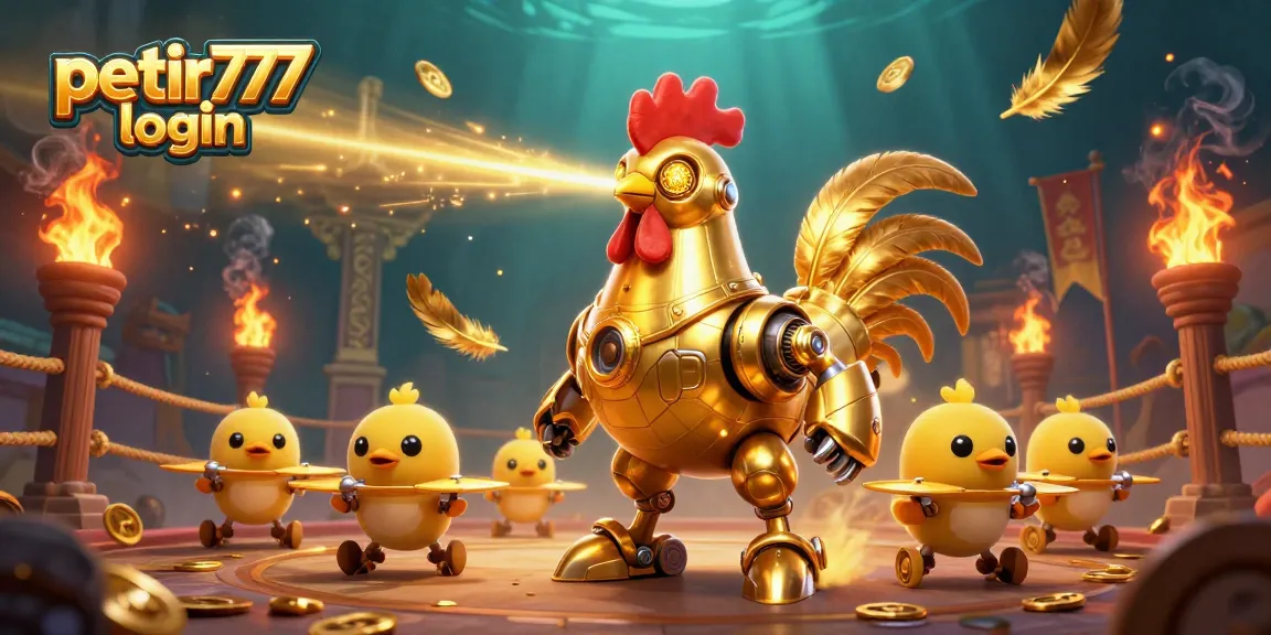 Experience the thrill of petir777 login with a dynamic golden rooster robot and baby chick drones in action.
