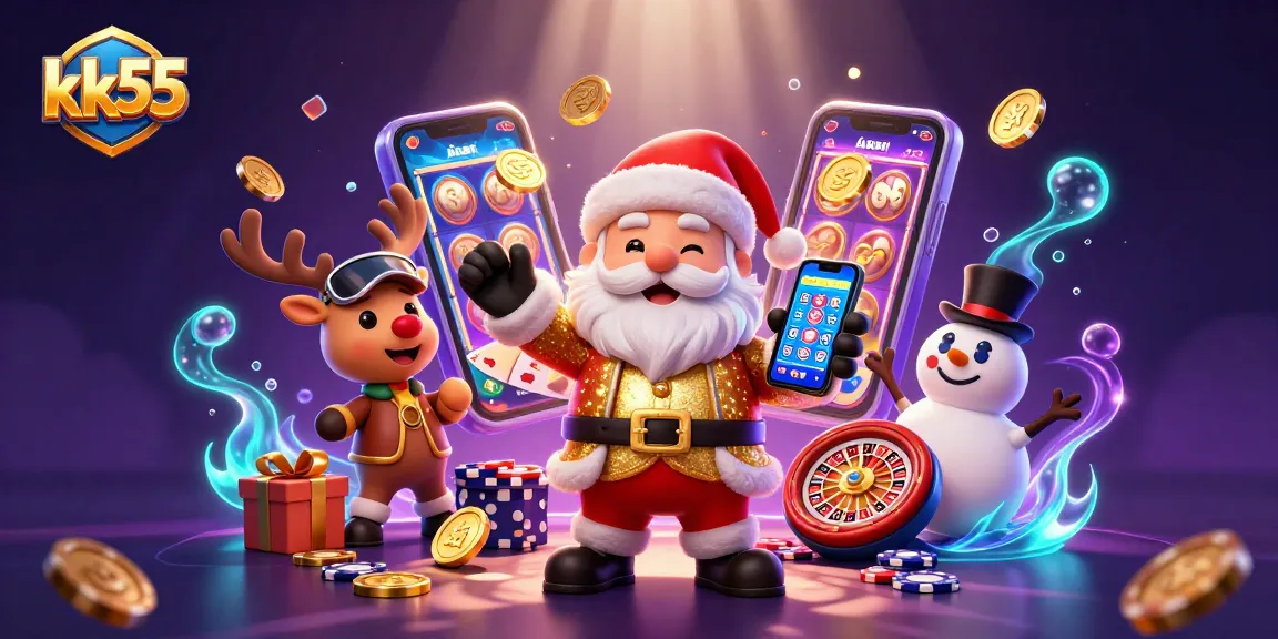 kk55 brings the thrill of online slots to life with Santa, reindeer, and snowman amidst vibrant casino action.