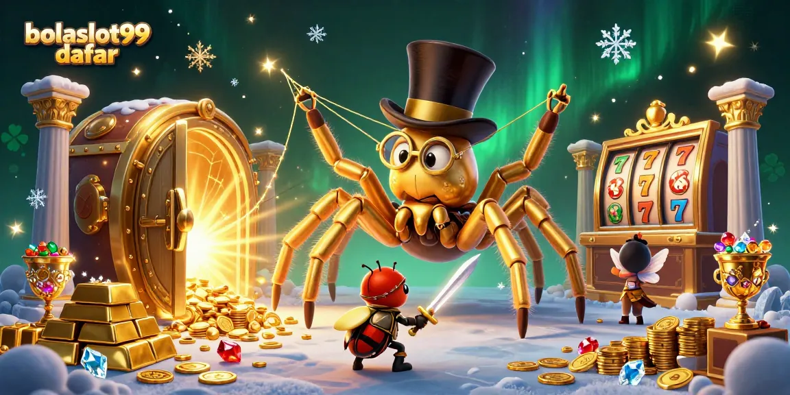 Bolaslot99 daftar showcases thrilling casino scenes with a golden tarantula and a brave beetle knight.