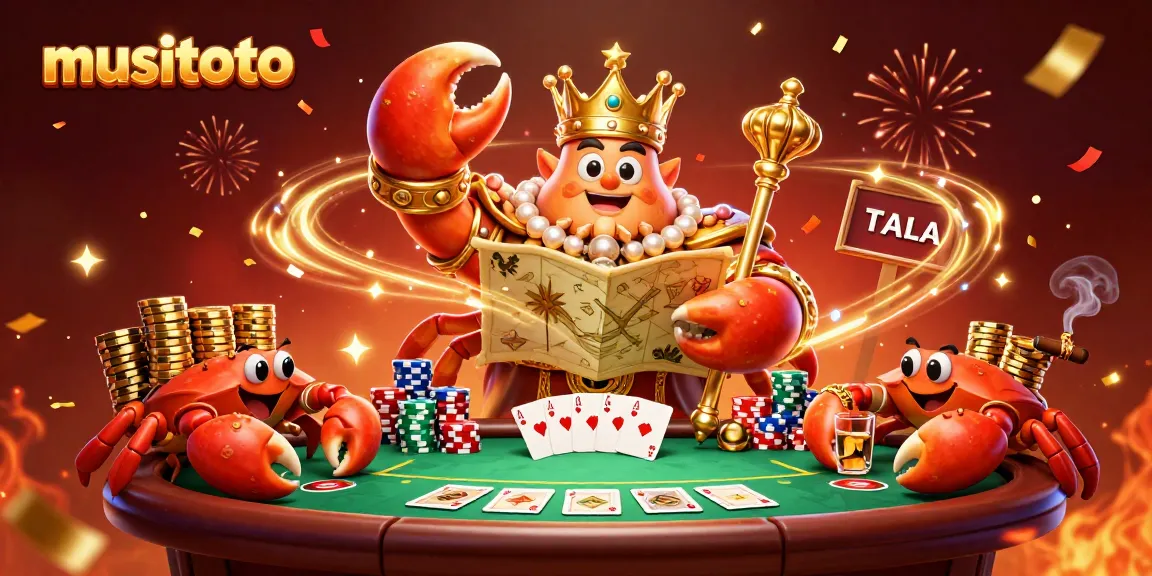 Permainan musitoto di kasino online dengan kepiting emas besar dan tumpukan chip.