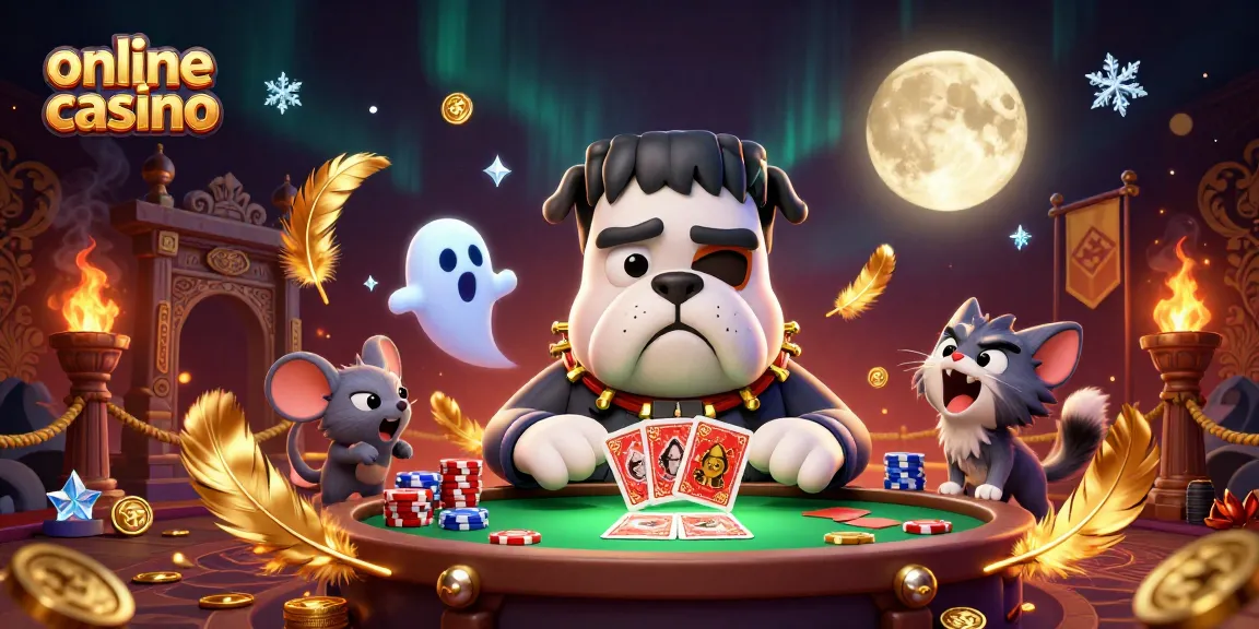 Engage in thrilling online casino gaming with a cartoon Frankenstein bulldog and playful ghost mouse.